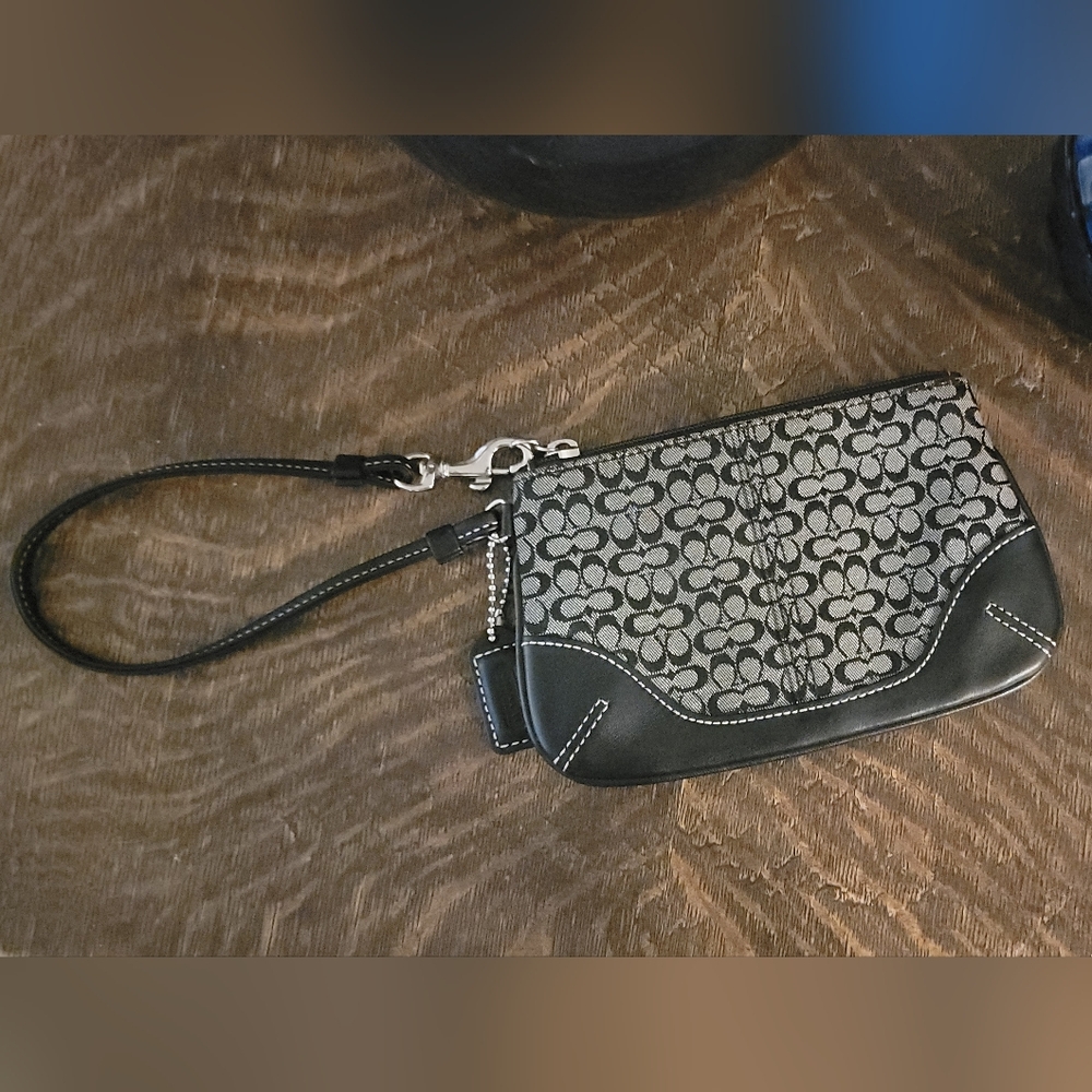 Coach Wristlet Bag Black Leather with Canvas patterned fabric